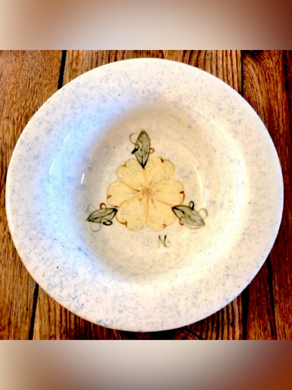 Yellow Green Floral Blue Mottled Cream Base Ceramic Serving Bowl 10.25” Diam.